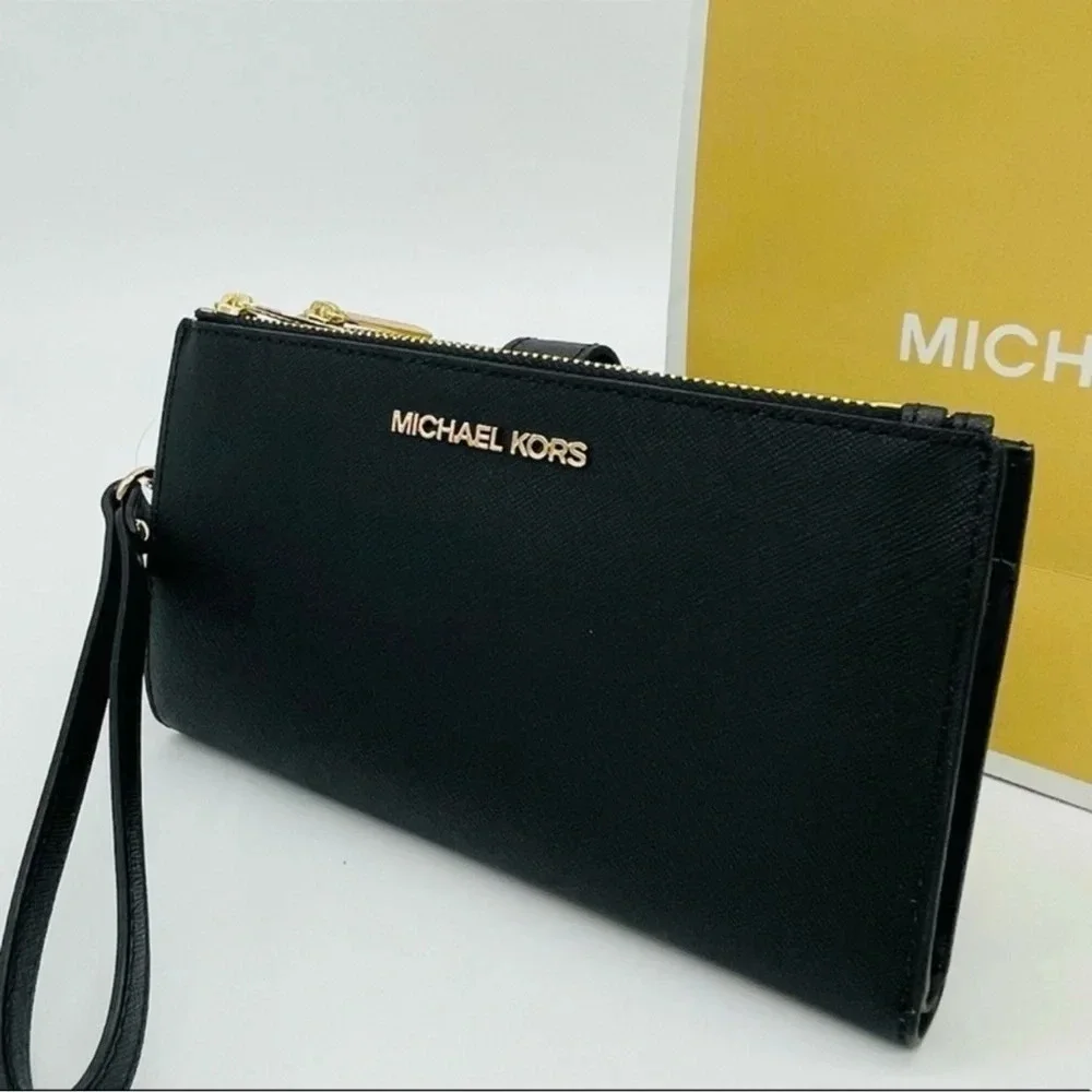 Michael Kors Large Double Zip Wallet Wristlet Black Leather